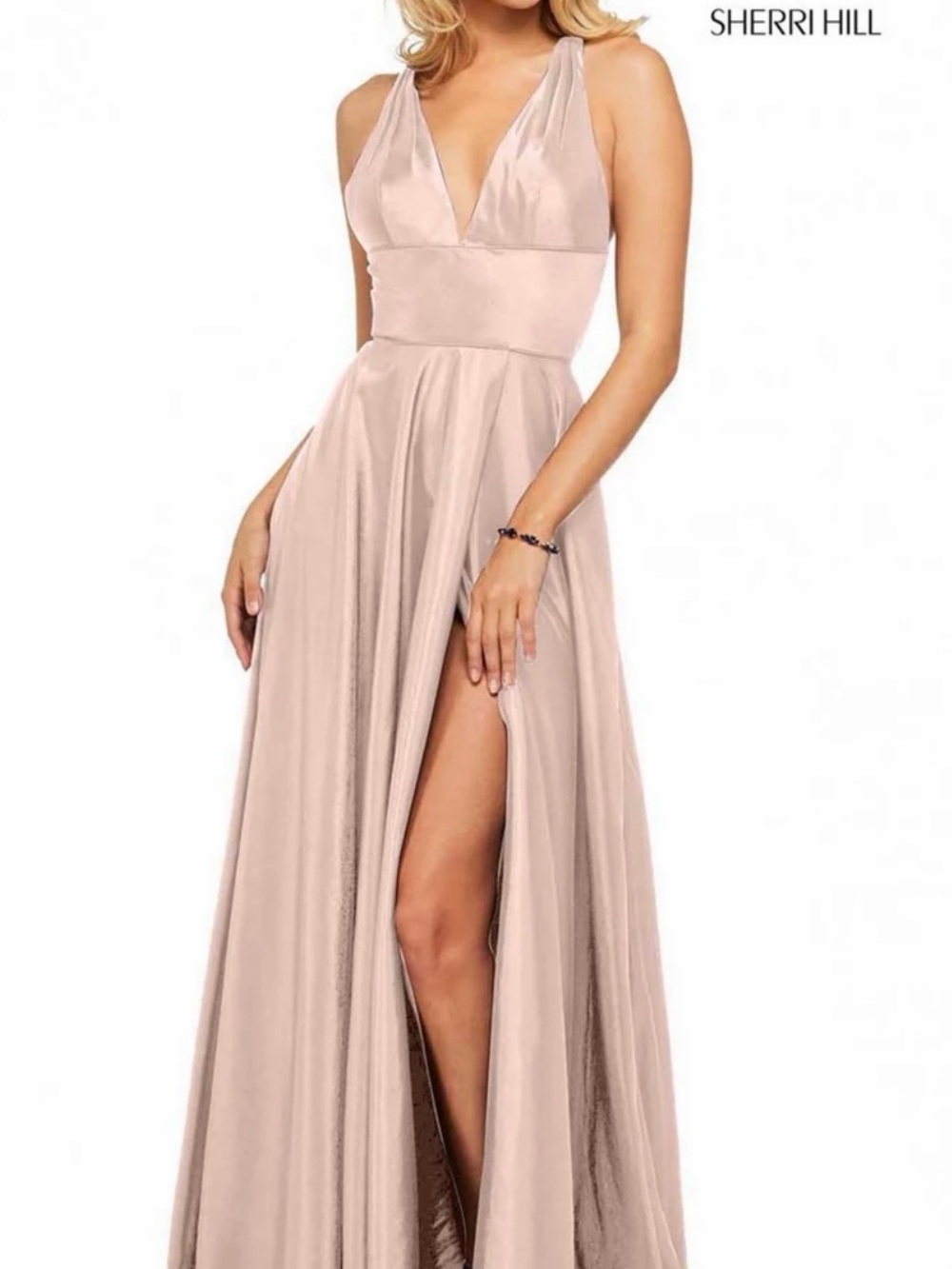Sherri Hill Blush Pink V-Neck Satin Evening Gown SKU 529233166 Style 52923 BLUSH